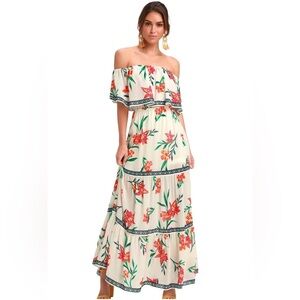 Lulu’s Cancun Cutie Ivory Floral Print Off-the-Shoulder Maxi Dress